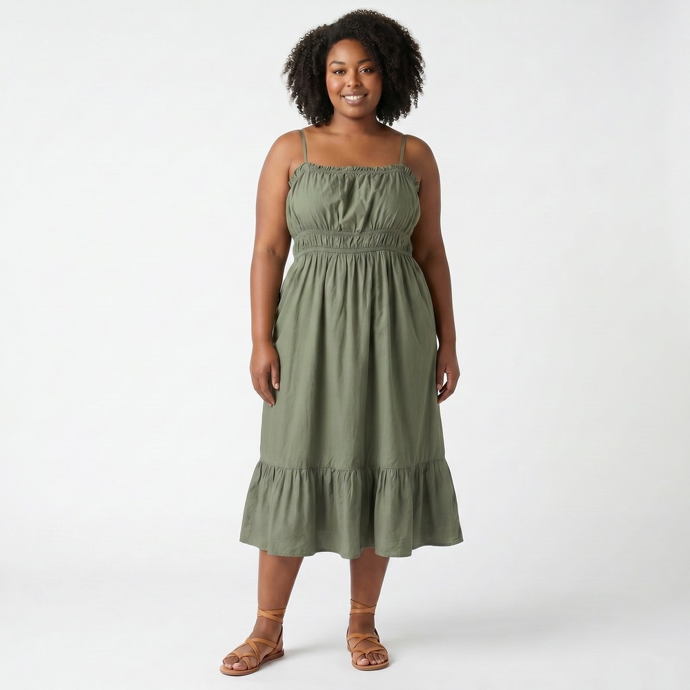 Dizzy Lizzy Midi Dress XL Olive Green Cotton Smocked Ruffle Spaghetti Strap